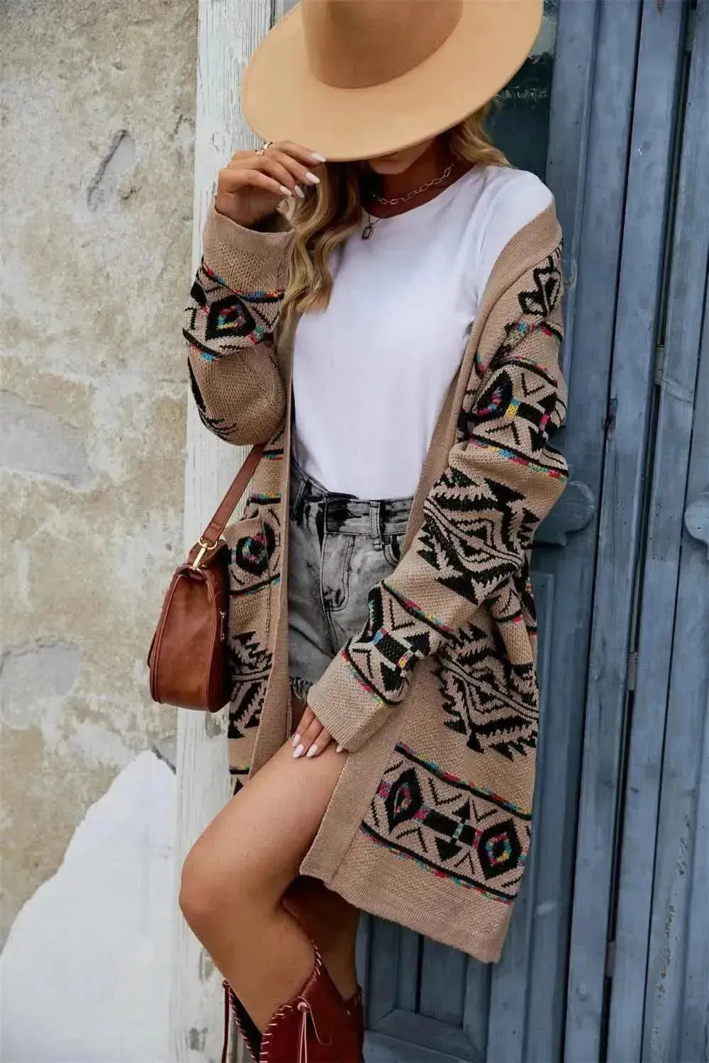 Pocketed Geometric Open Front Dropped Shoulder Cardigan - Bad Moms Club