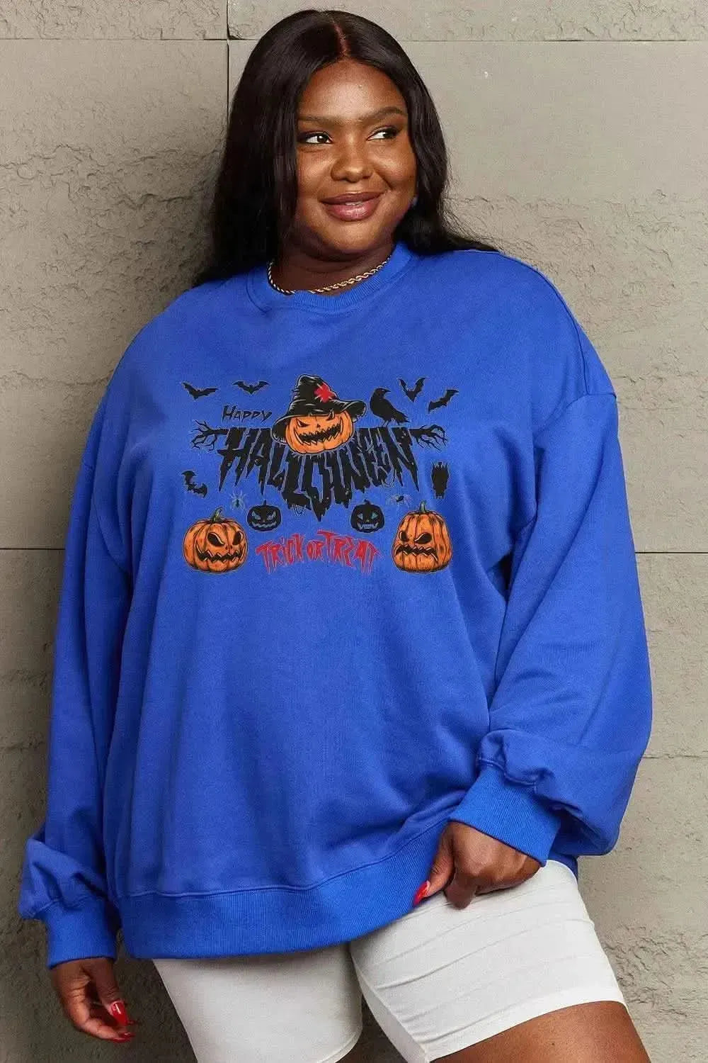 Simply Love Full Size HAPPY HALLOWEEN TRICK OR TREAT Graphic Sweatshirt - Bad Moms Club