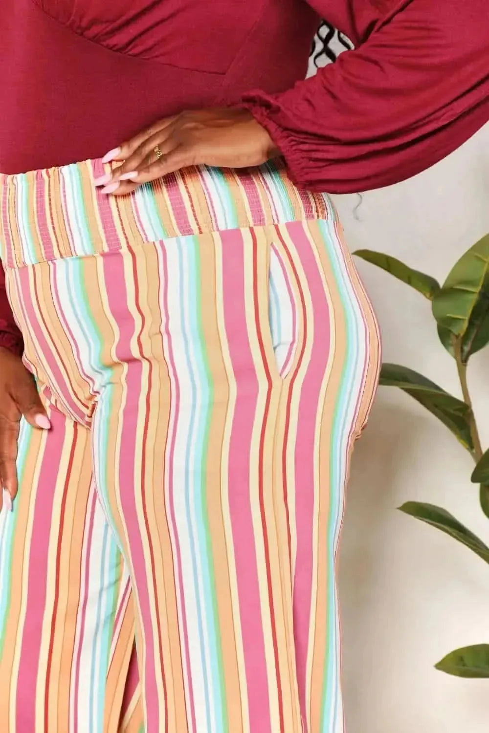 Double Take Striped Smocked Waist Pants with Pockets - Bad Moms Club