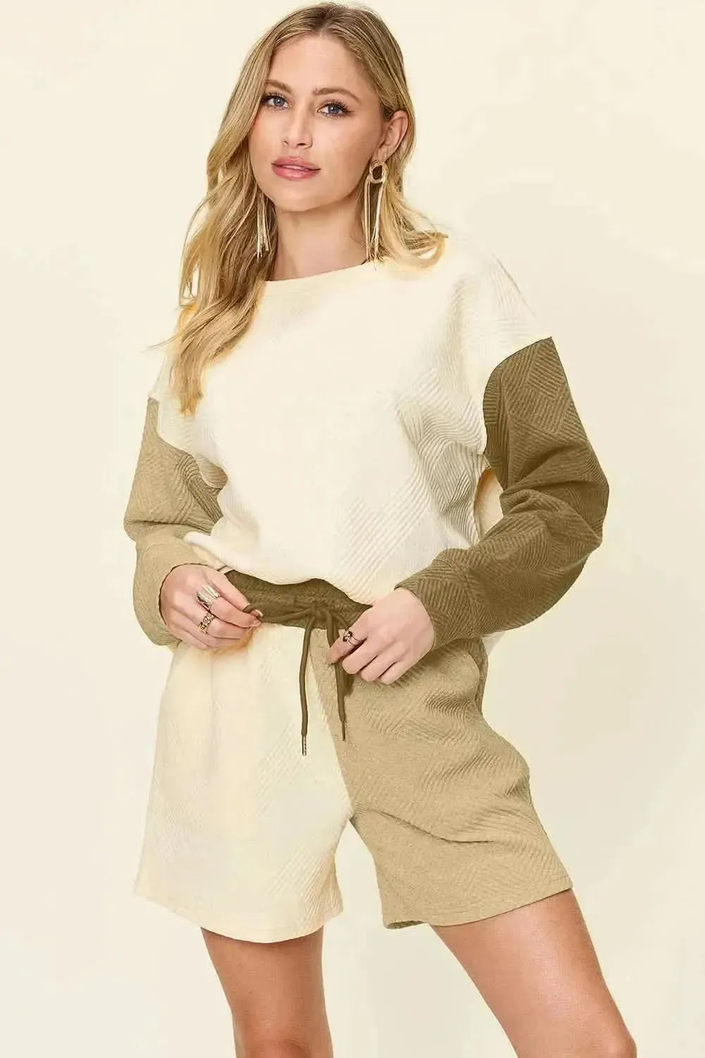 Double Take Full Size Contrast Drop Shoulder Top and Shorts Set - Bad Moms Club