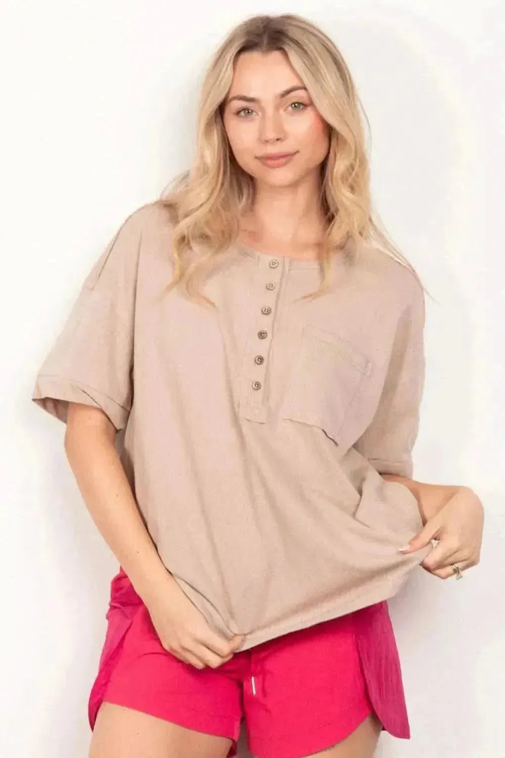 VERY J Twisted Sleeve Band Half Button Top - Bad Moms Club