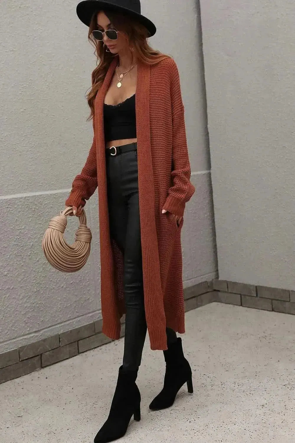 Waffle Knit Open Front Duster Cardigan With Pockets - Bad Moms Club