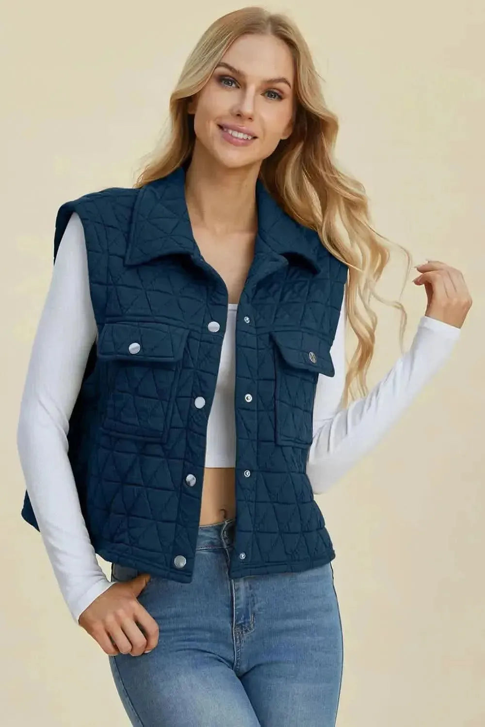 Double Take Full Size Pocketed Texture Snap Down Vest Coat - Bad Moms Club