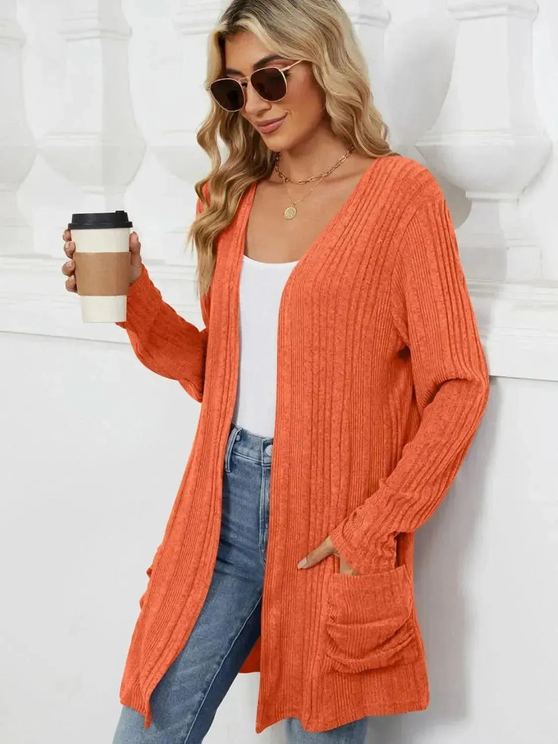 Pocketed Open Front Long Sleeve Cardigan - Bad Moms Club