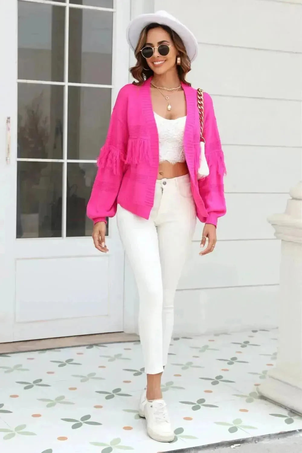Fringe Trim Open Front Cardigan - Bad Moms Club