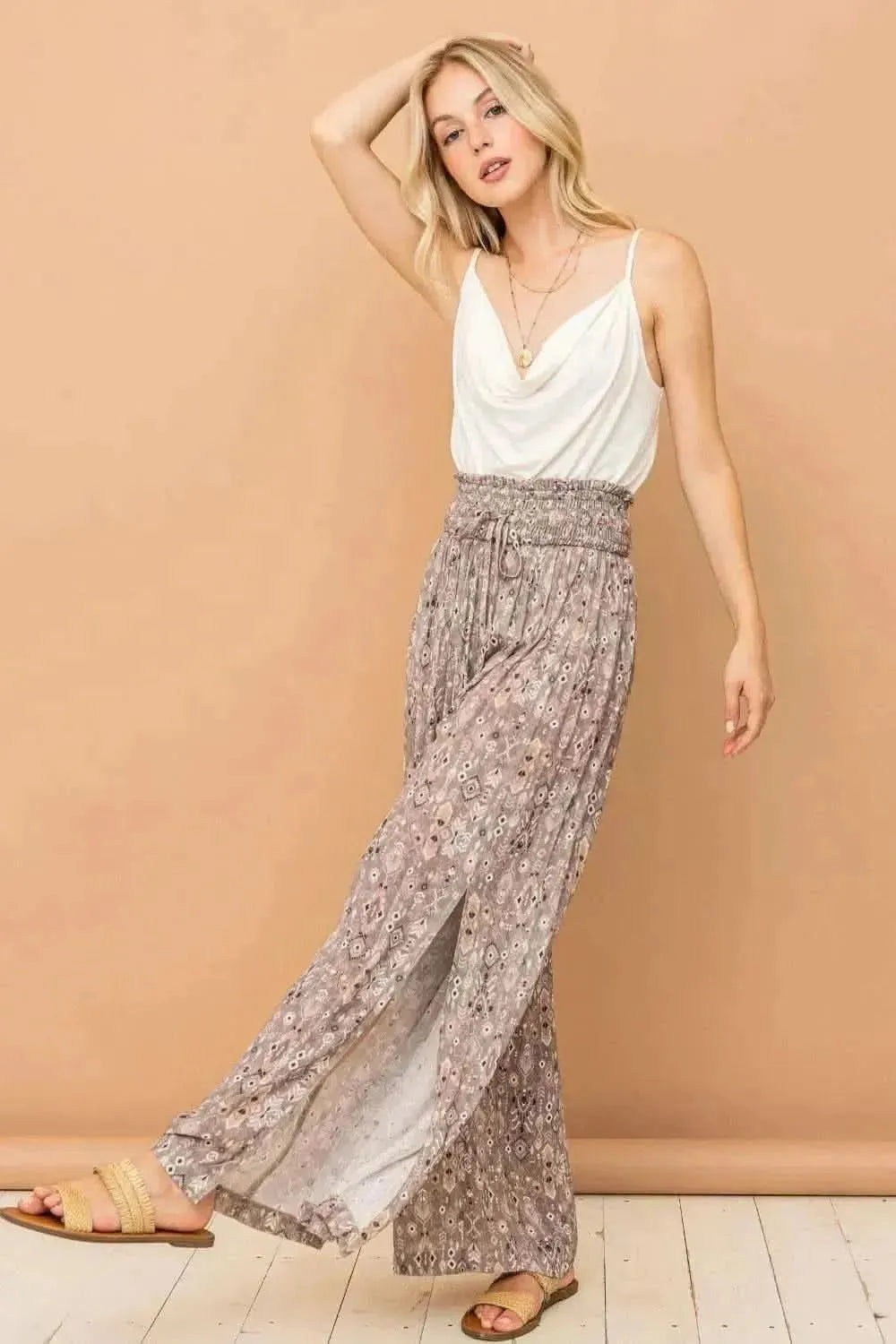 And The Why Printed Smocked Waist Slit Wide Leg Pants - Bad Moms Club