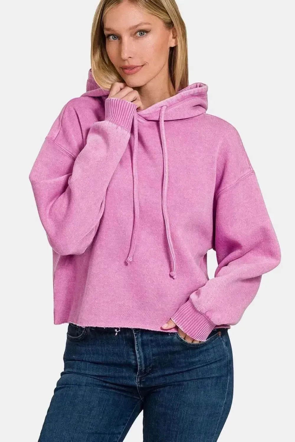 Zenana Acid Wash Fleece Cropped Hoodie - Bad Moms Club