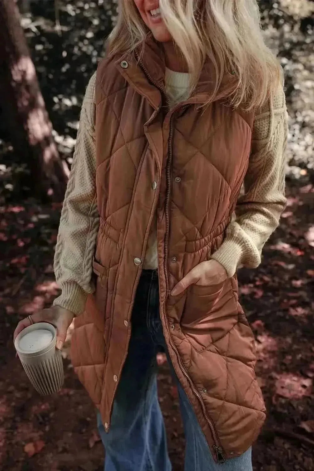 Pocketed Zipper and Button Vest Coat - Bad Moms Club