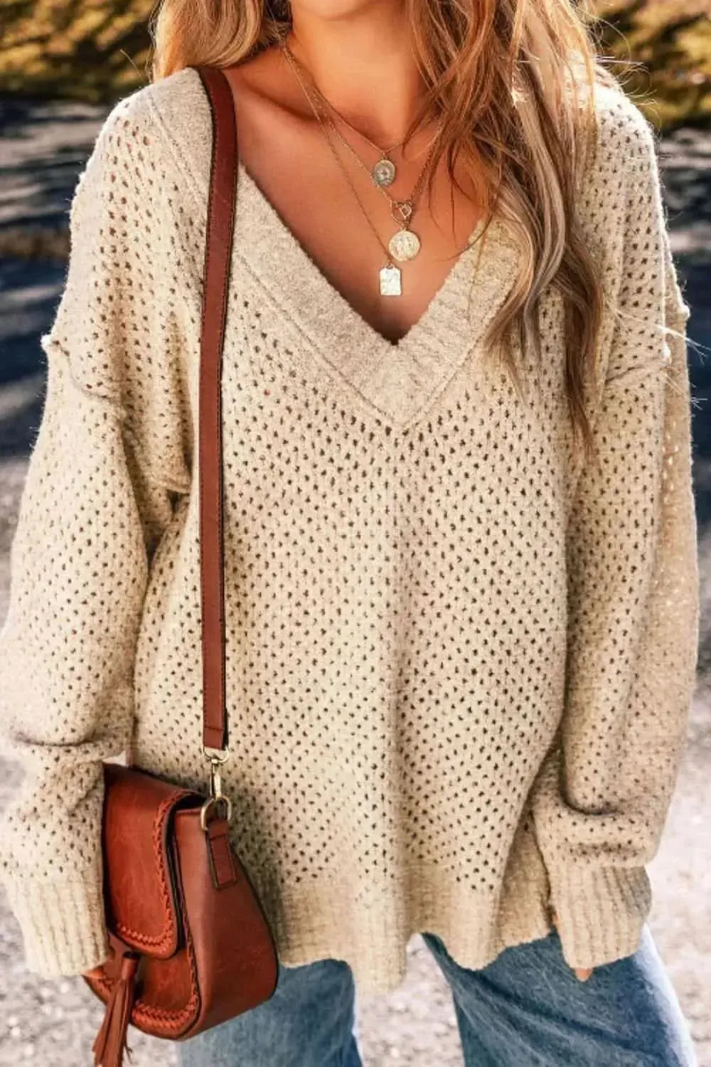 V-Neck Dropped Shoulder Long Sleeve Sweater - Bad Moms Club