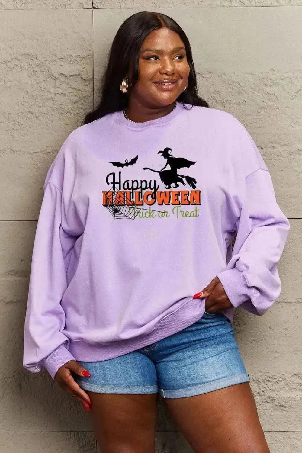 Simply Love Full Size HAPPY HALLOWEEN TRICK OR TREAT Graphic Sweatshirt - Bad Moms Club