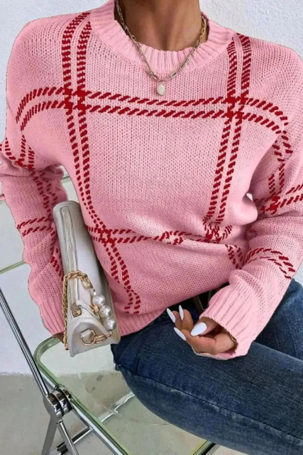 Contrast Round Neck Long Sleeve Sweater - Bad Moms Club