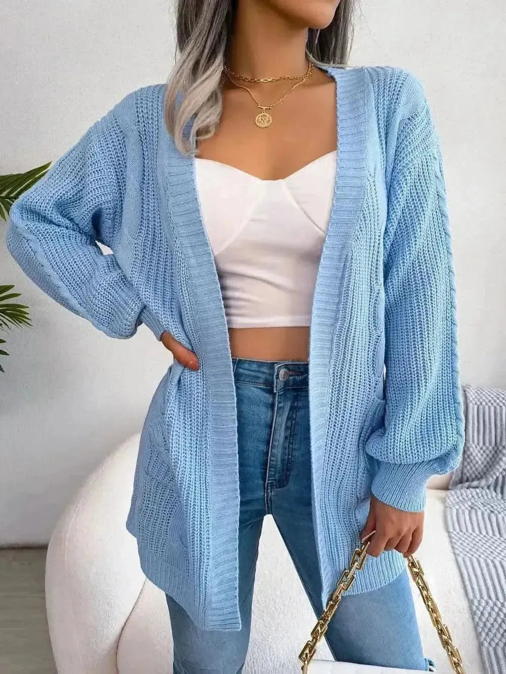 Cable-Knit Open Front Pocketed Cardigan - Bad Moms Club