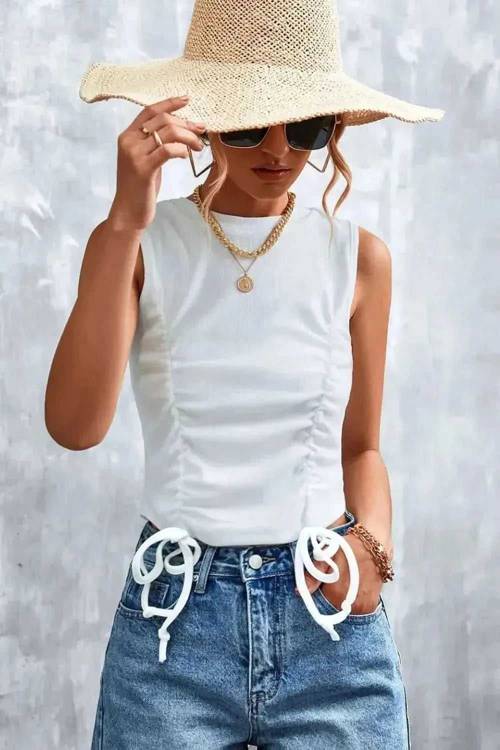 Drawstring Detail Round Neck Tank - Bad Moms Club