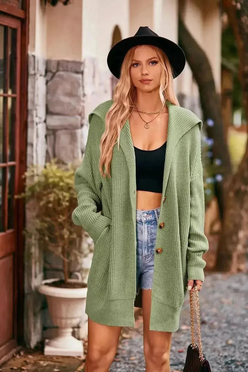 Collared Neck Button-Up Cardigan with Pockets - Bad Moms Club