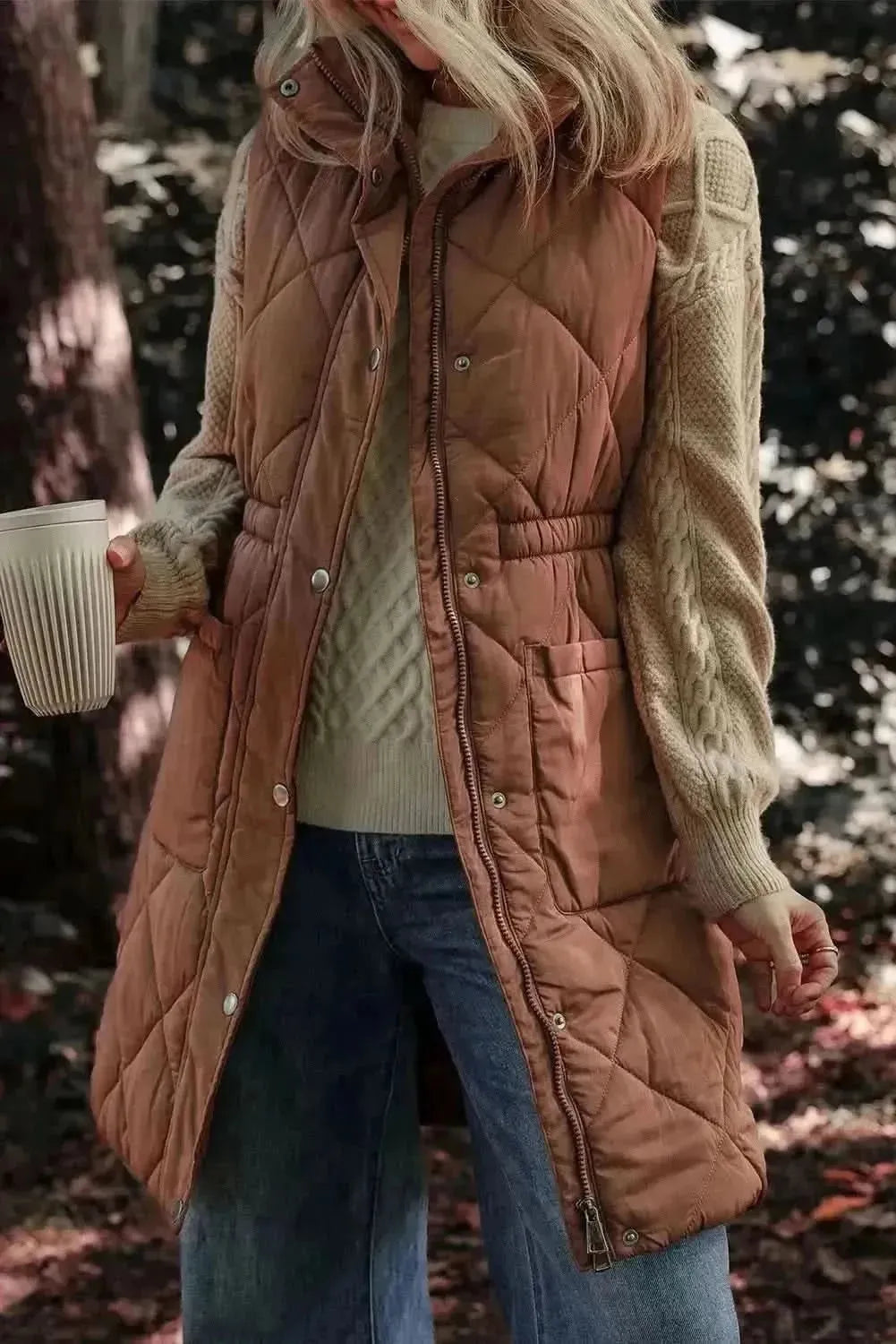 Pocketed Zipper and Button Vest Coat - Bad Moms Club