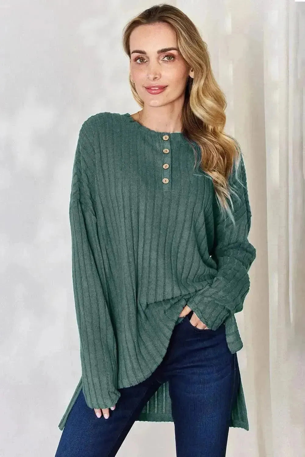 Basic Bae Full Size Ribbed Half Button Long Sleeve High-Low T-Shirt - Bad Moms Club