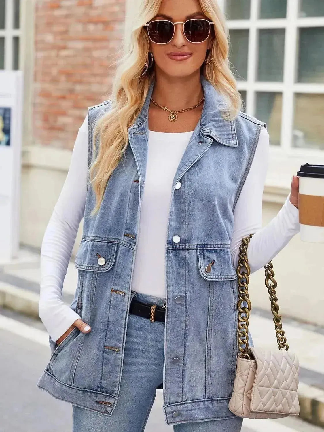 Button Up Collared Neck Denim Jacket with Pockets - Bad Moms Club