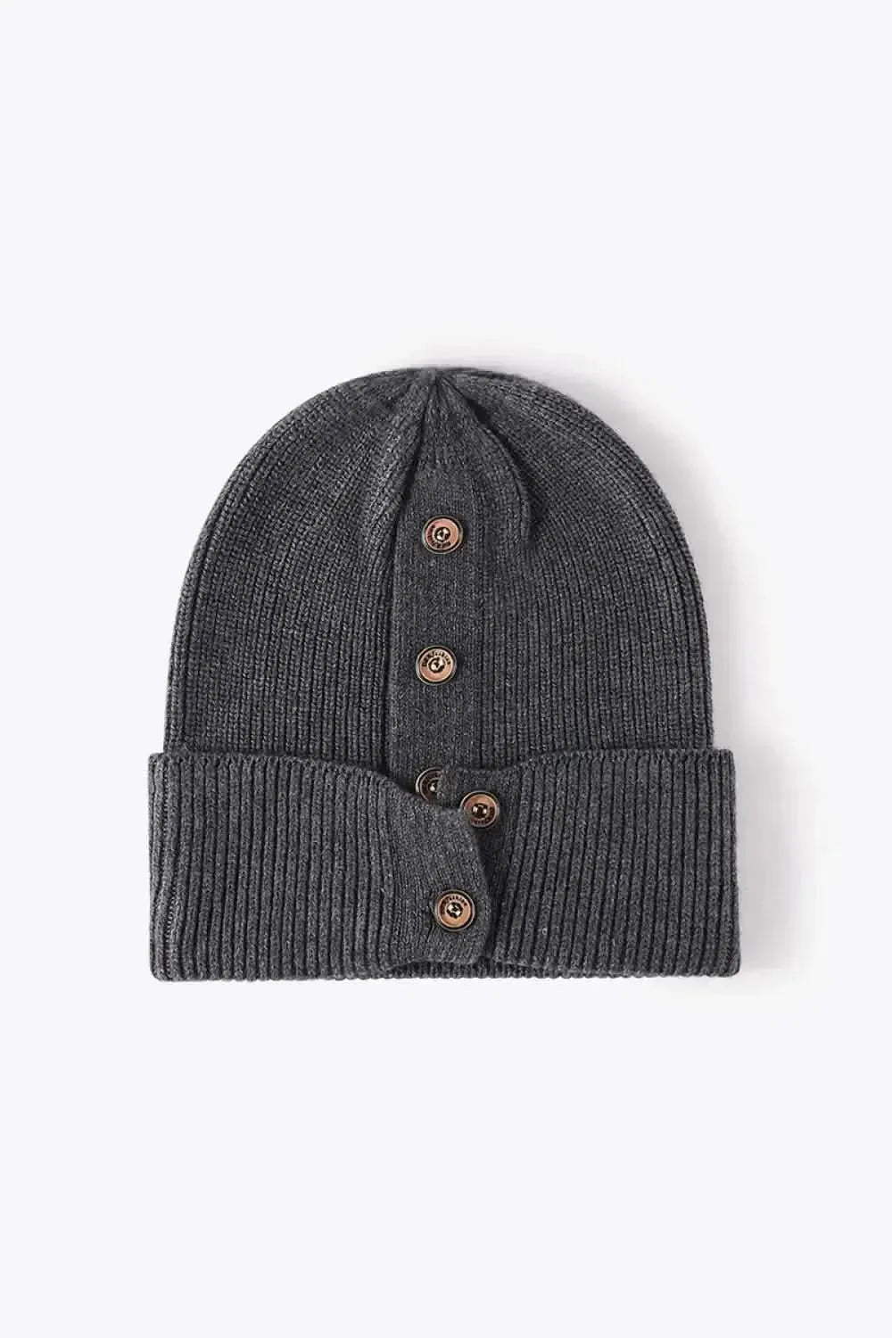 Button Detail Rib-Knit Cuff Beanie - Bad Moms Club