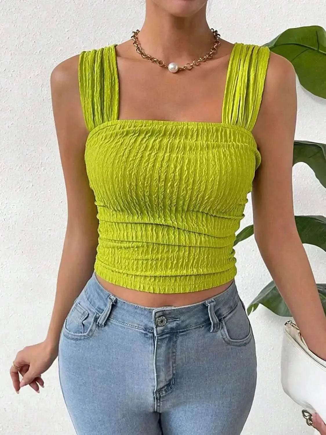 Textured Square Neck Wide Strap Tank - Bad Moms Club