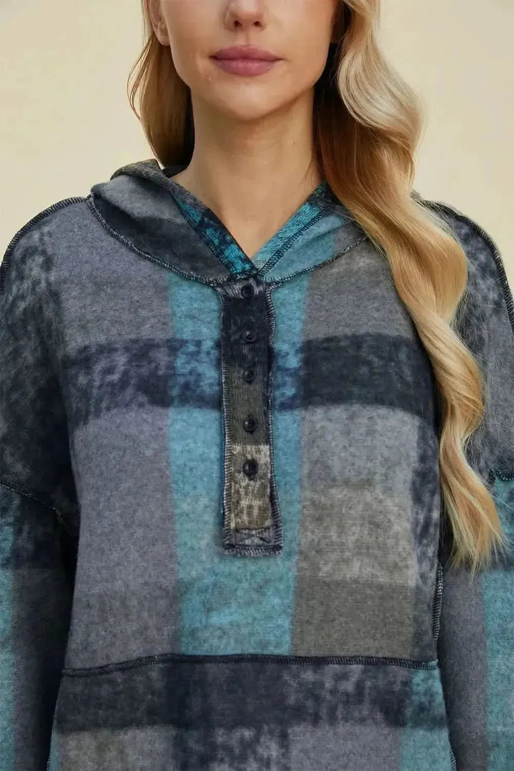 Double Take Full Size Plaid Dropped Shoulder Fleece Hoodie - Bad Moms Club