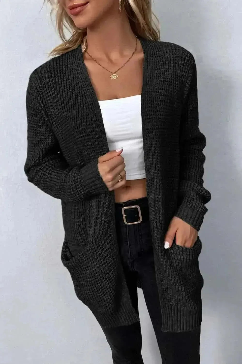 Rib-Knit Open Front Pocketed Cardigan - Bad Moms Club