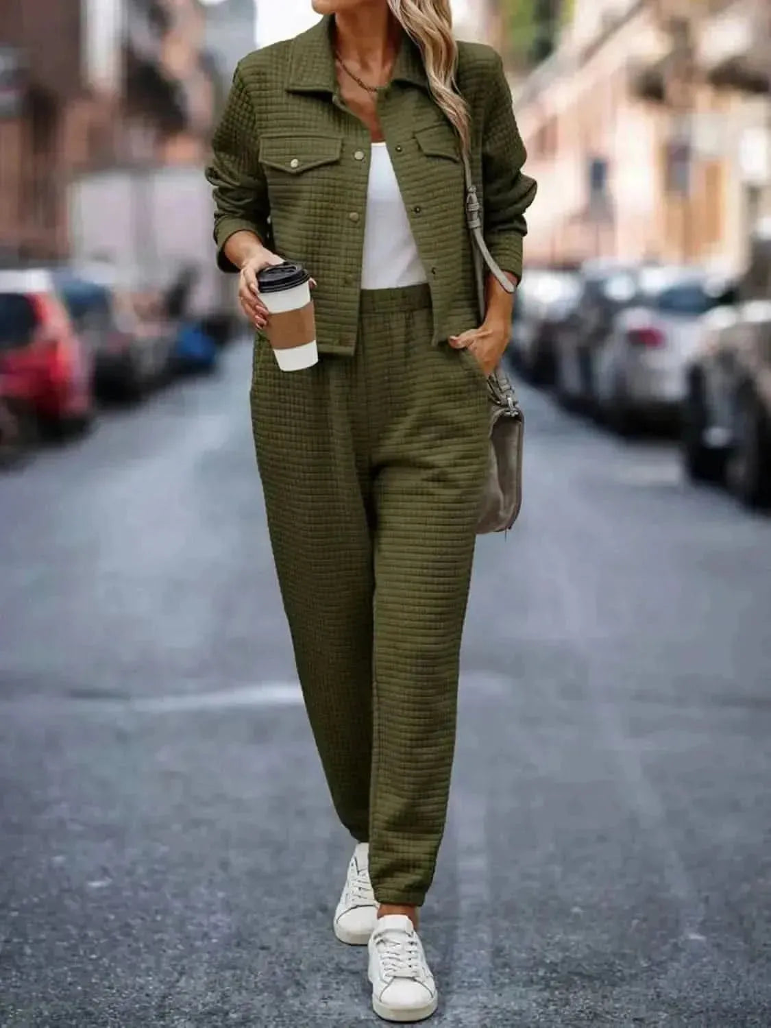 Plaid Texture Snap Down Top and Pants Set - Bad Moms Club