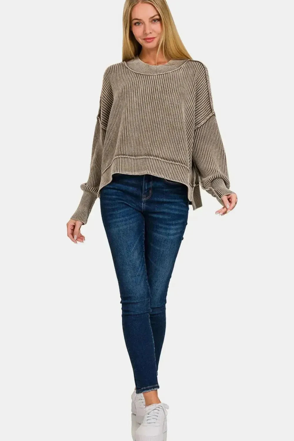Zenana Exposed Seam Round Neck Dropped Shoulder Sweater - Bad Moms Club