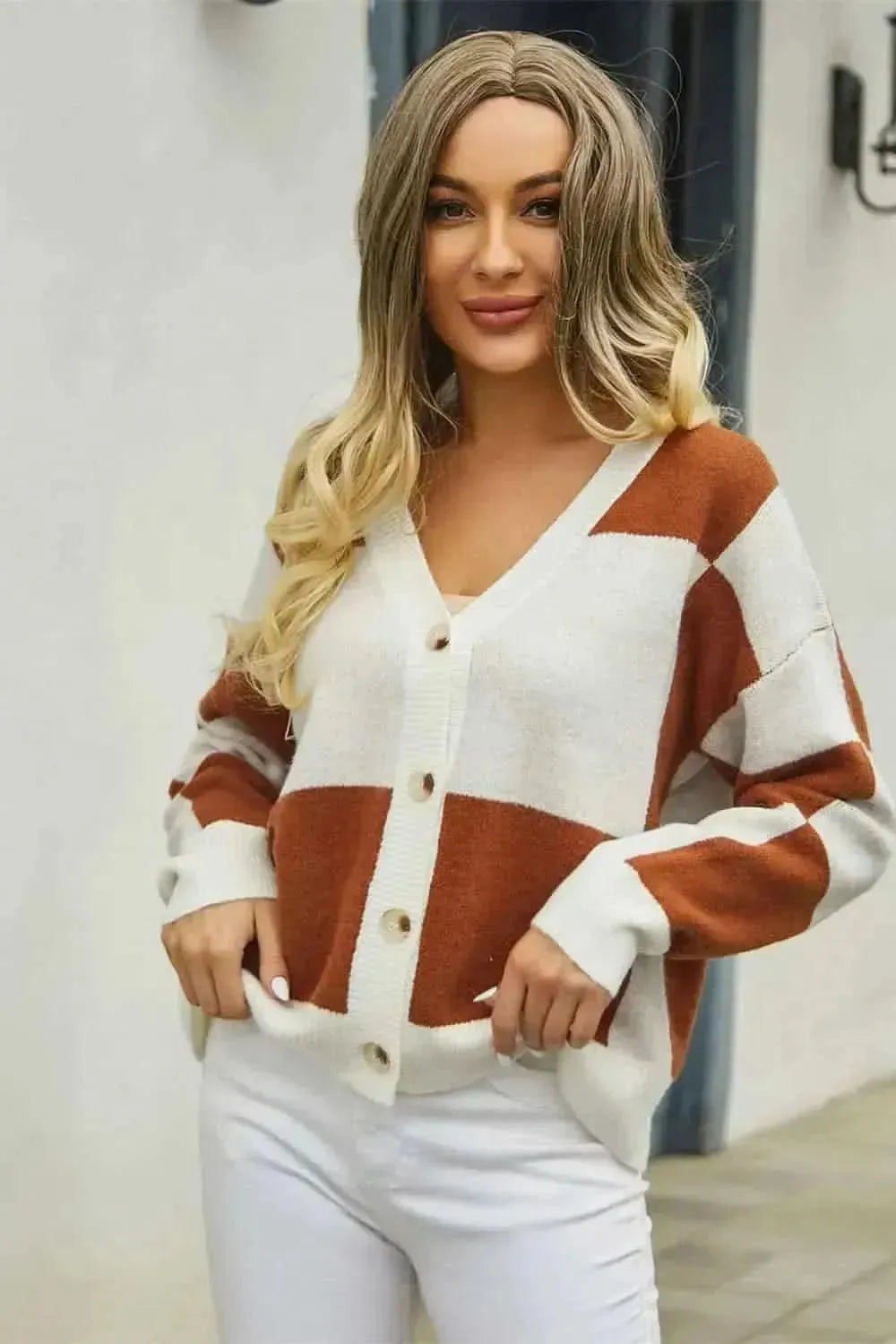 Plaid V-Neck Dropped Shoulder Cardigan - Bad Moms Club