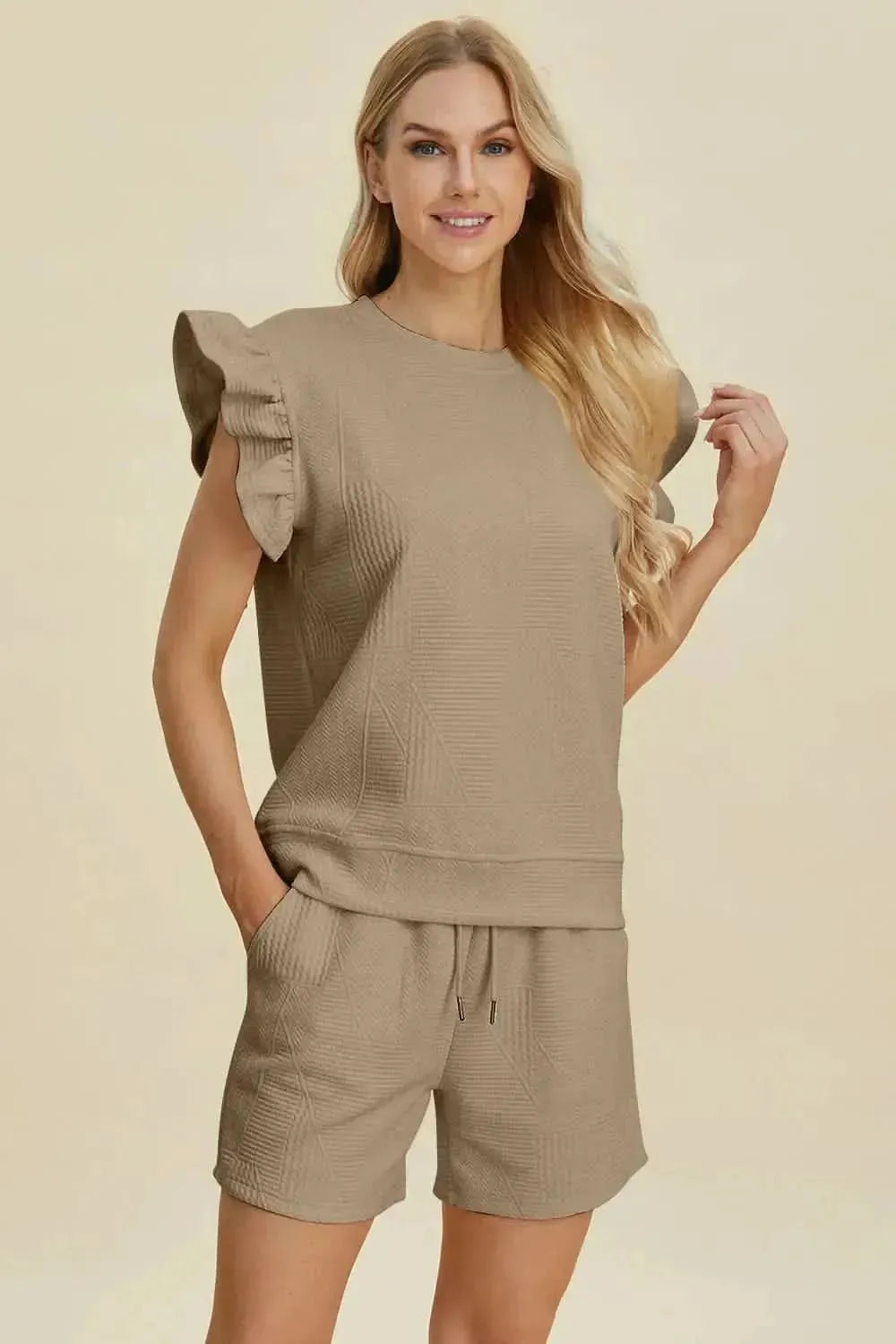 Double Take Full Size Texture Round Neck Ruffle Sleeve Top and Shorts Set - Bad Moms Club