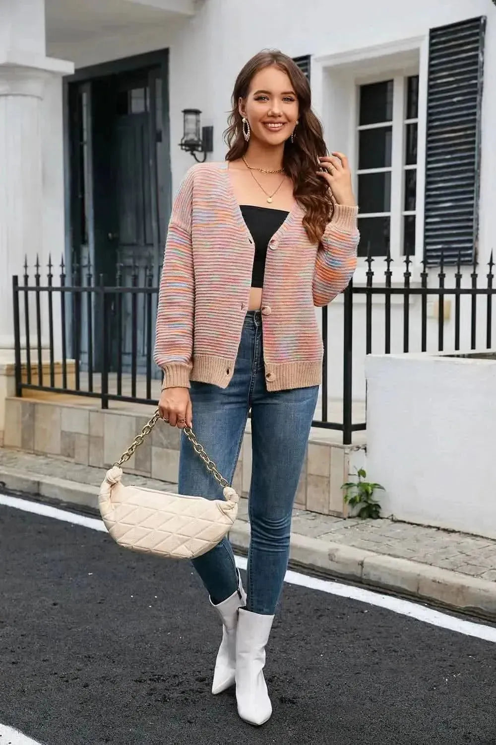 Horizontal Ribbing Button Down Cardigan - Bad Moms Club