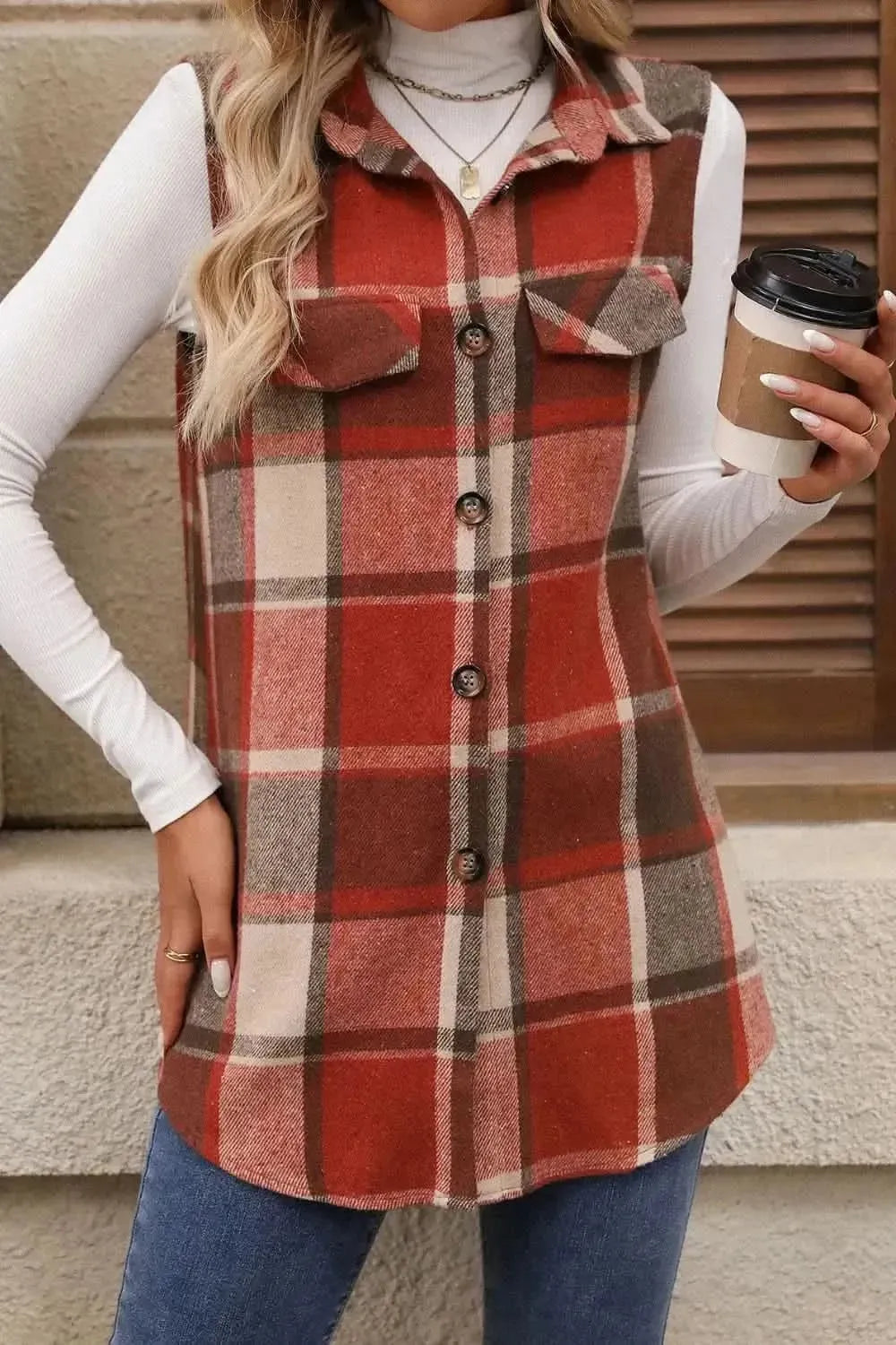 Plaid Button Up Vest Coat - Bad Moms Club