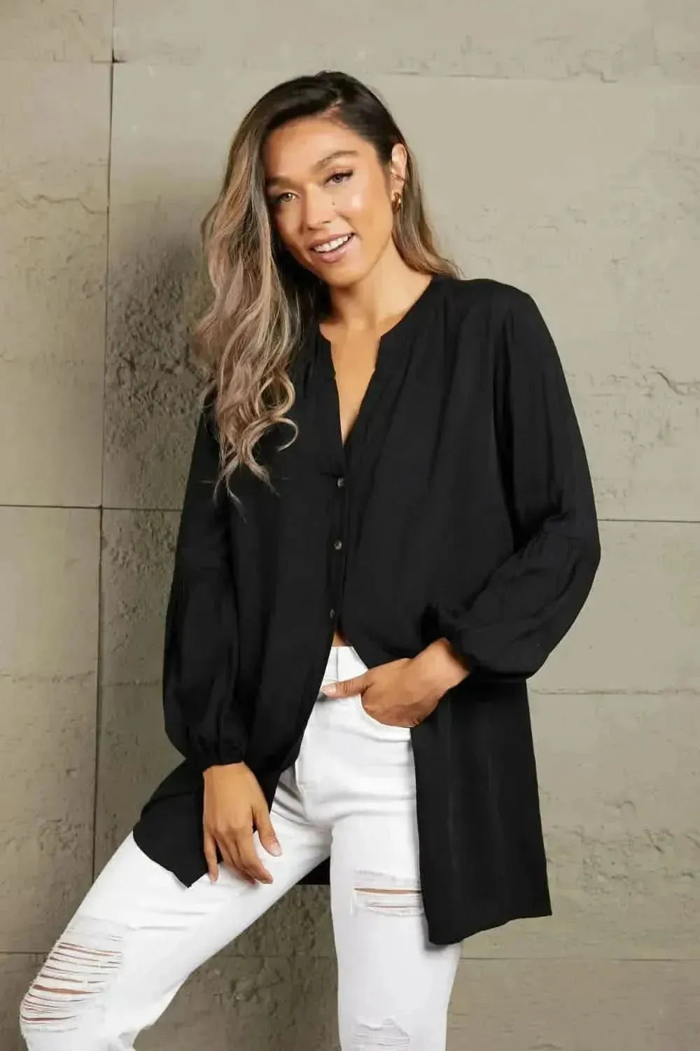 Ivy Lane Notched Neck Balloon Sleeve Shirt - Bad Moms Club