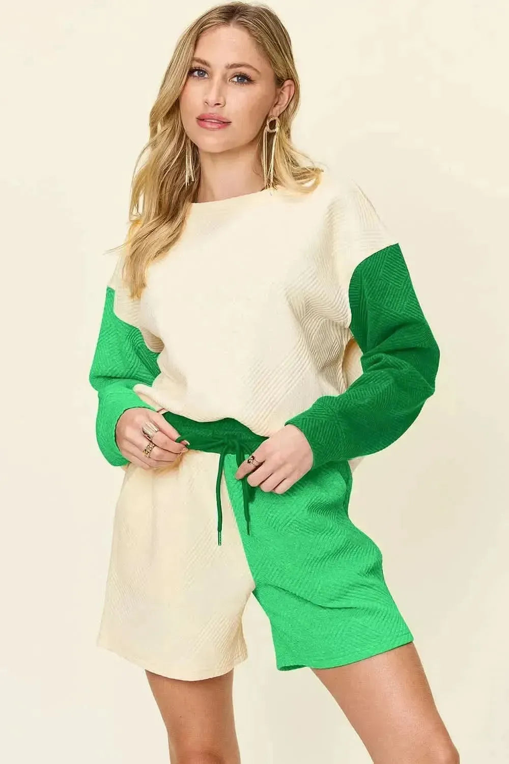 Double Take Full Size Contrast Drop Shoulder Top and Shorts Set - Bad Moms Club
