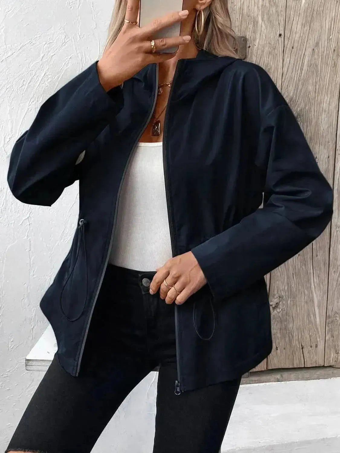 Drawstring Zip Up Hooded Jacket - Bad Moms Club