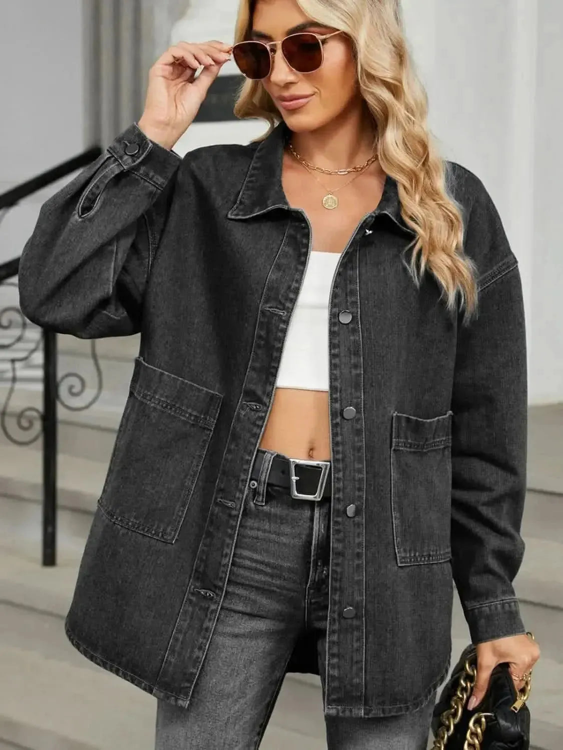 Removable Hood Button Up Long Sleeve Denim Jacket - Bad Moms Club