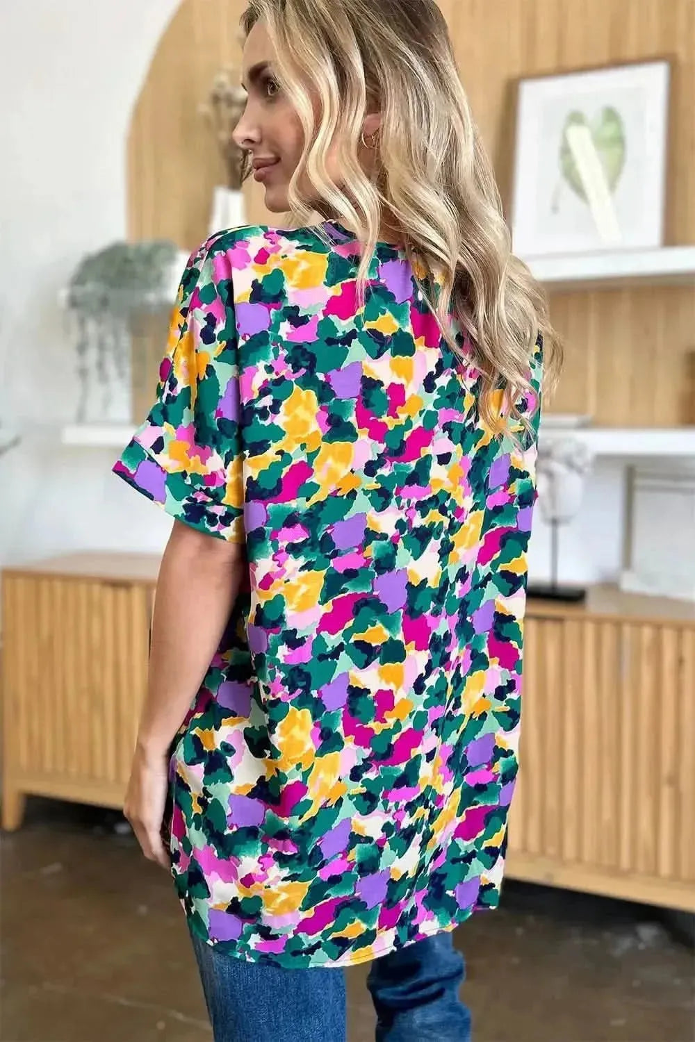 Double Take Full Size Printed V-Neck Short Sleeve Side Slit Top - Bad Moms Club