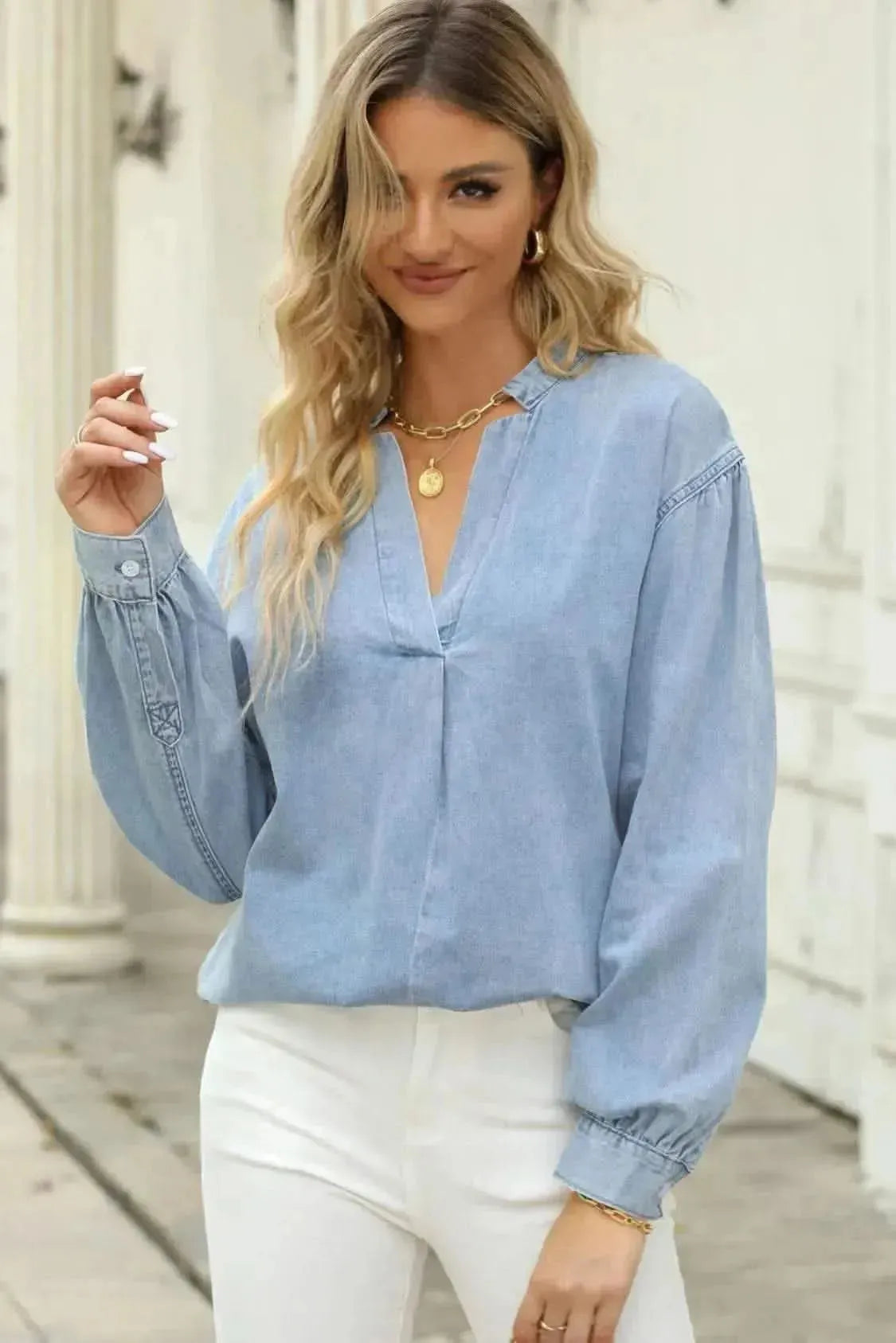 Notched Neck Denim Top - Bad Moms Club