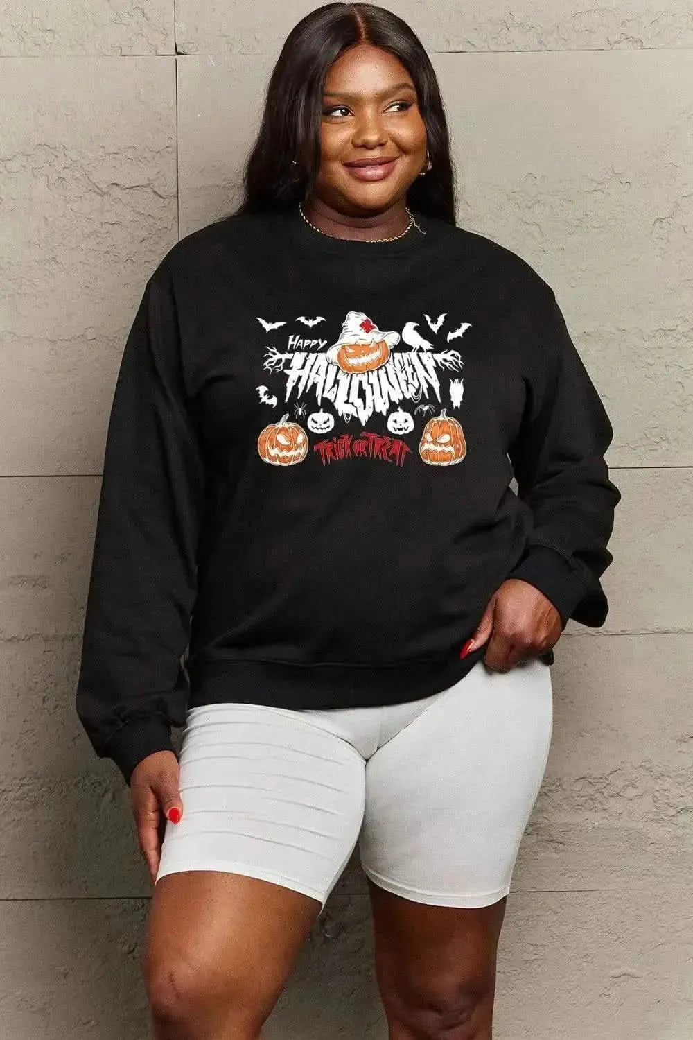 Simply Love Full Size HAPPY HALLOWEEN TRICK OR TREAT Graphic Sweatshirt - Bad Moms Club