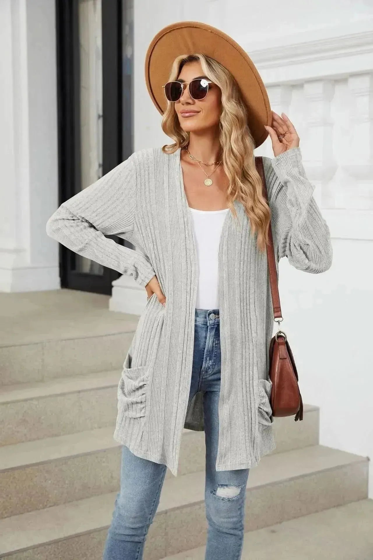 Pocketed Open Front Long Sleeve Cardigan - Bad Moms Club