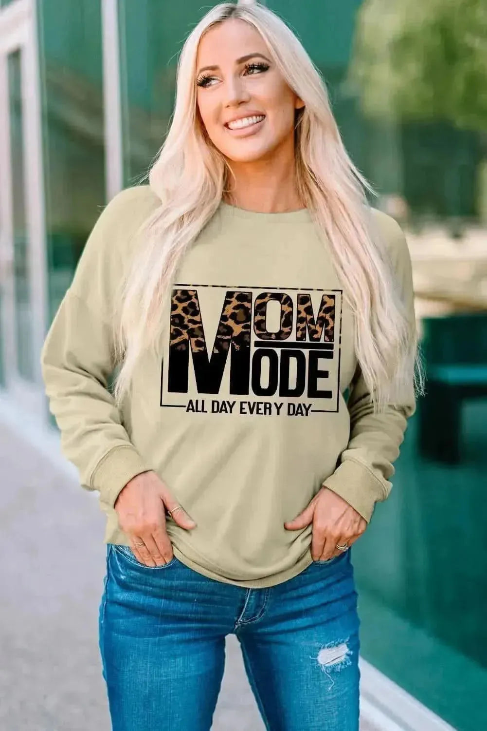 Letter Graphic Leopard Dropped Shoulder Sweatshirt - Bad Moms Club