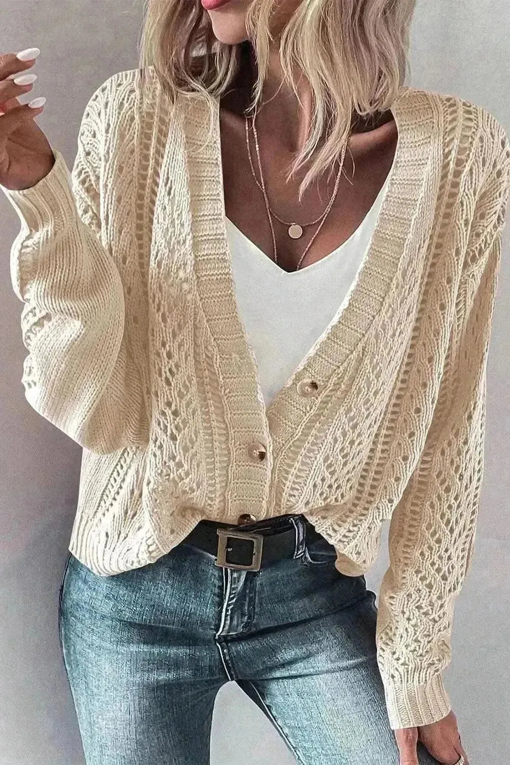 Openwork Button Up Long Sleeve Cardigan - Bad Moms Club