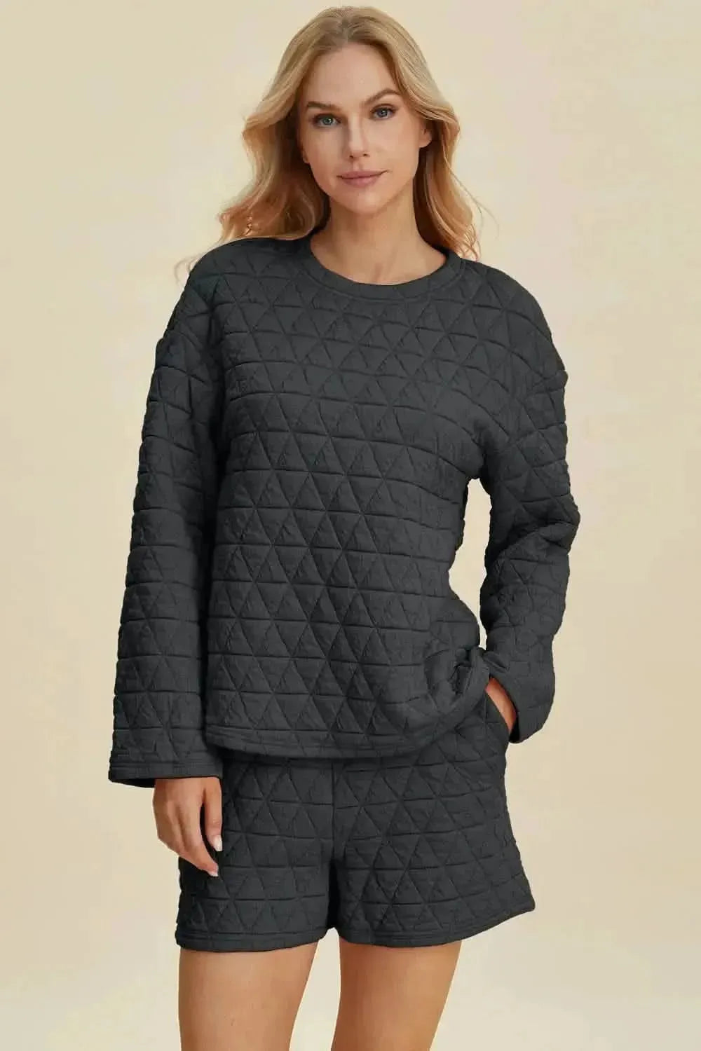 Double Take Full Size Texture Round Neck Long Sleeve Top and Shorts Set - Bad Moms Club