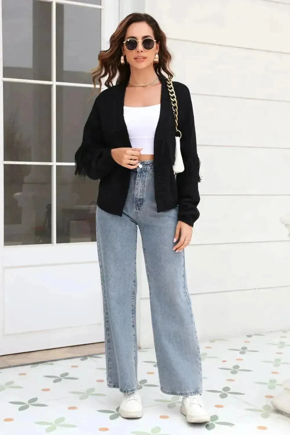 Fringe Trim Open Front Cardigan - Bad Moms Club