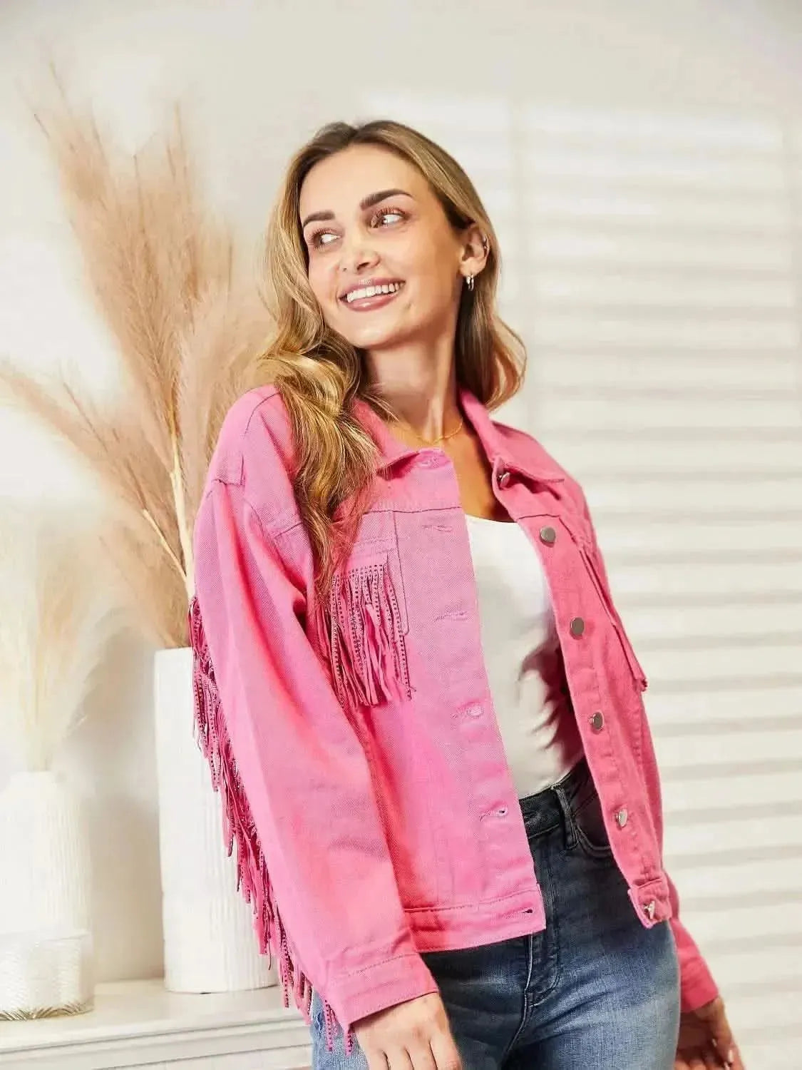 Fringe Detail Dropped Shoulder Denim Jacket - Bad Moms Club