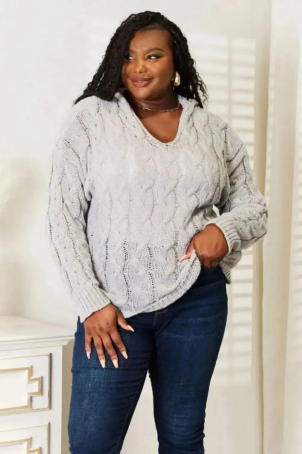 Woven Right Cable-Knit Hooded Sweater - Bad Moms Club