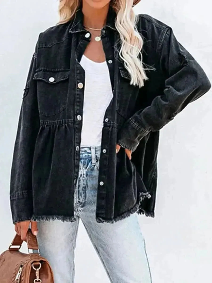 Raw Hem Distressed Denim Shacket - Bad Moms Club