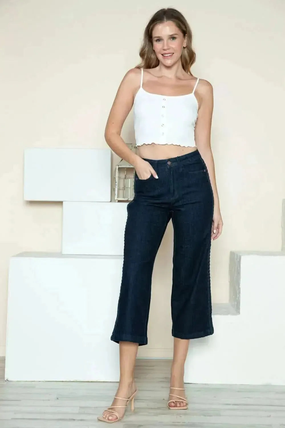 Judy Blue Full Size Side Seam Braid Detail Crop Wide Leg Jeans - Bad Moms Club