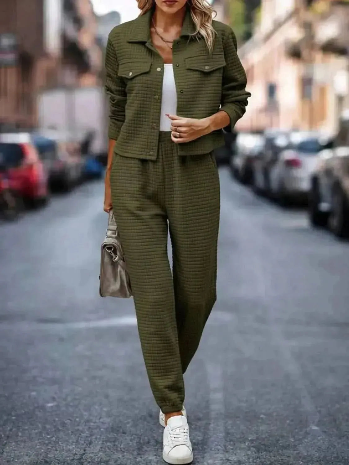 Plaid Texture Snap Down Top and Pants Set - Bad Moms Club