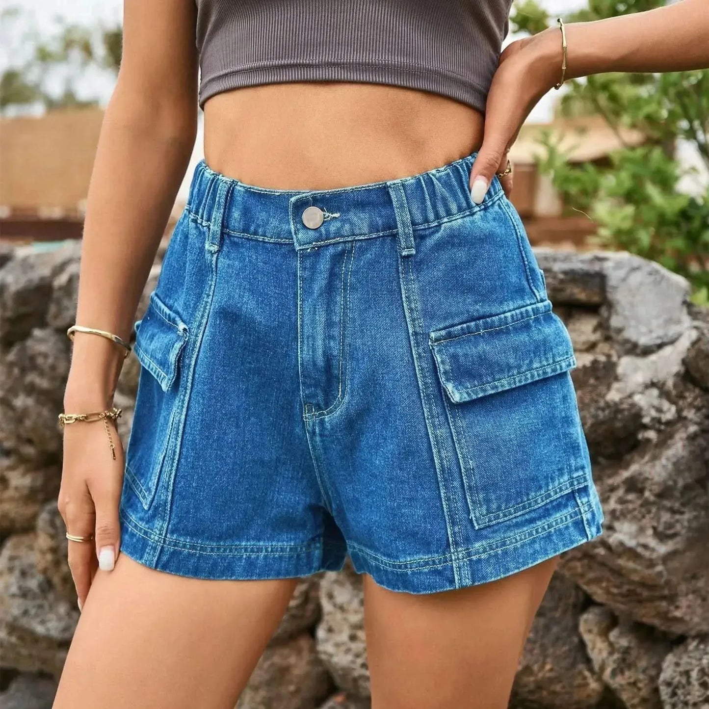 High-Waist Denim Shorts with Pockets - Bad Moms Club
