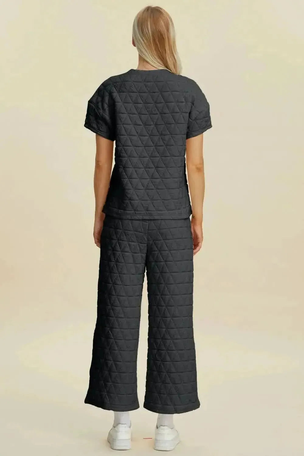 Double Take Full Size Texture Round Neck Short Sleeve Top and Pants Set - Bad Moms Club